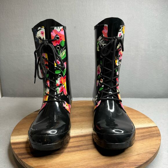 Roma Sadie Robertson Womens Size 9 Black Floral Short Lace Up Rain Boot - Picture 3 of 8